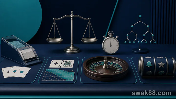 Casino game objects arranged with a balance, timer, and decision tree for comparison