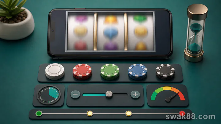 Mobile slot session with budget chips, timer, stake control, and stop markers